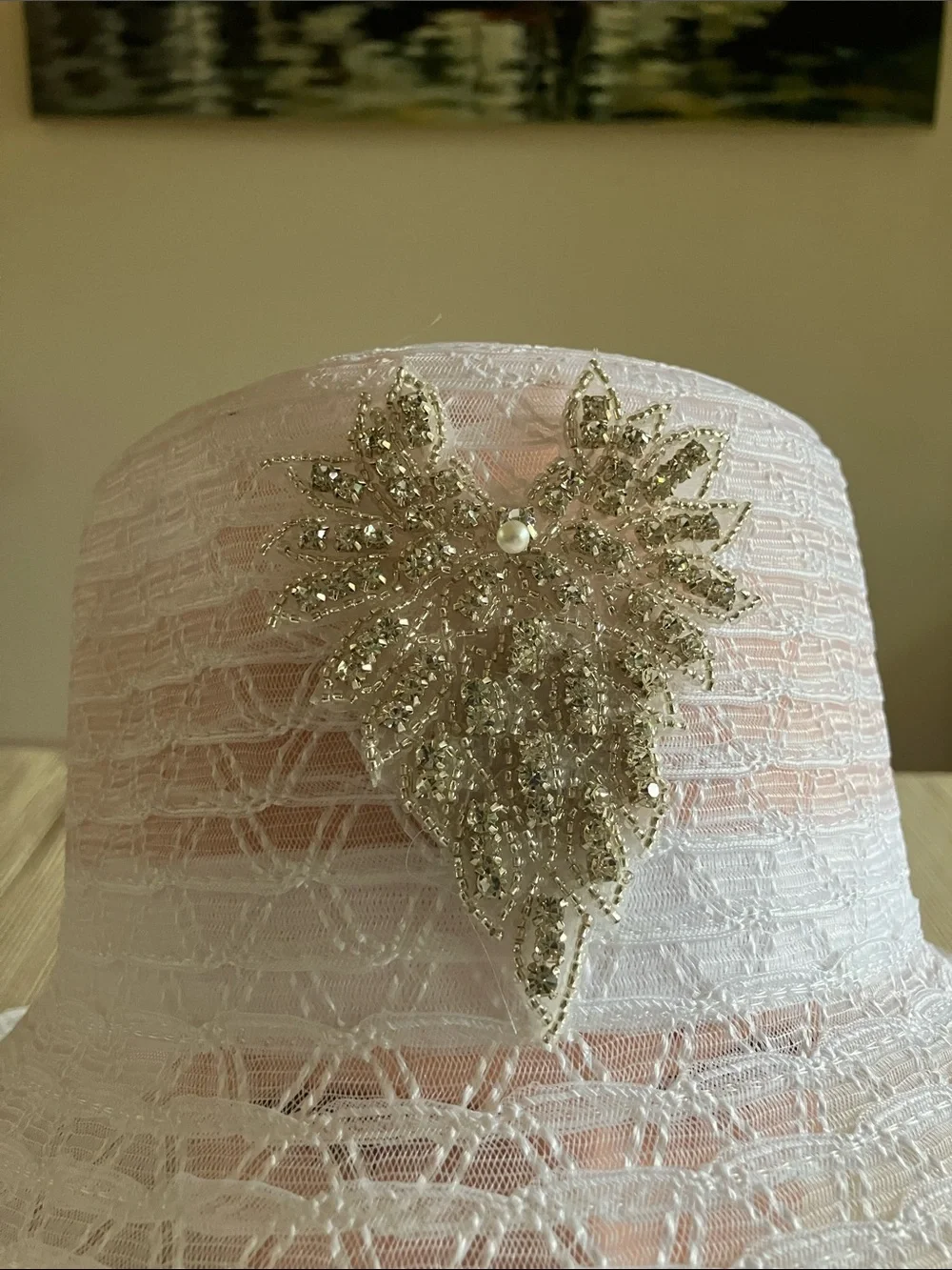 Elegant White Wide-Brim Hat with Silver Rhinestone Beaded Motif